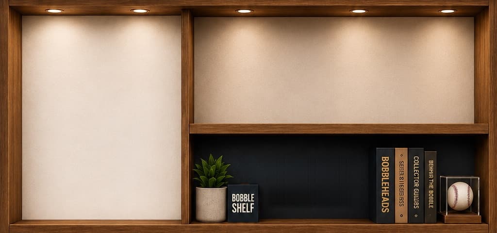 A lit wooden display case with a shelf of bobbleheads